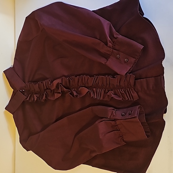 New York & Company Women's Stretch Ruffle Front‎ Long-Sleeves Top Sz XL Burgundy - Picture 11 of 11